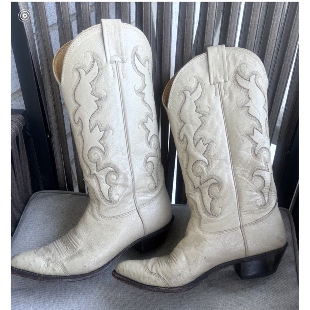 Vintage Nocona Ostrich Cowboy Boots Womens 8 Western Festival Y2K Ivory Cowgirl